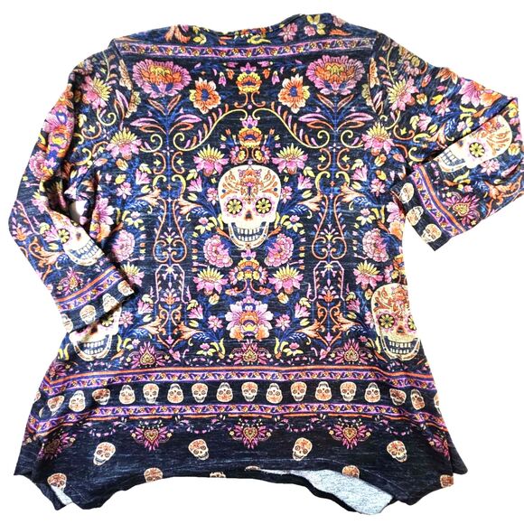 One World Women’s XL Floral Rhinestone Skull Embellished Tunic Top Whimsy Artsy - Picture 2 of 8